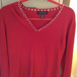 Red V Neck Top Shirt with Silver Studs and Bell Sleeves With Slits Size Large